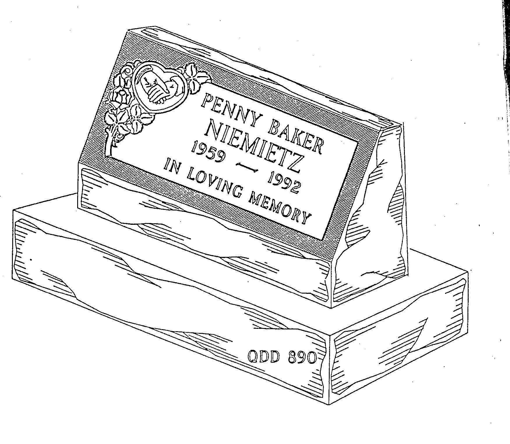 a black and white drawing of a gravestone for penny baker niemetz
