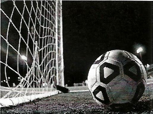 a black and white photo of a soccer ball in front of a goal