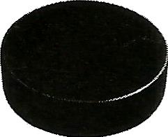 a close up of a black hockey puck on a white background .