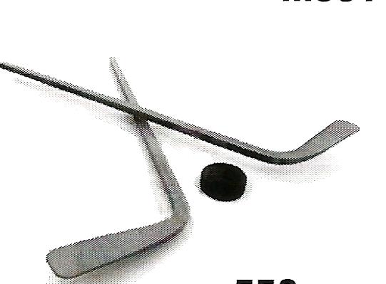 two hockey sticks and a puck on a white background .