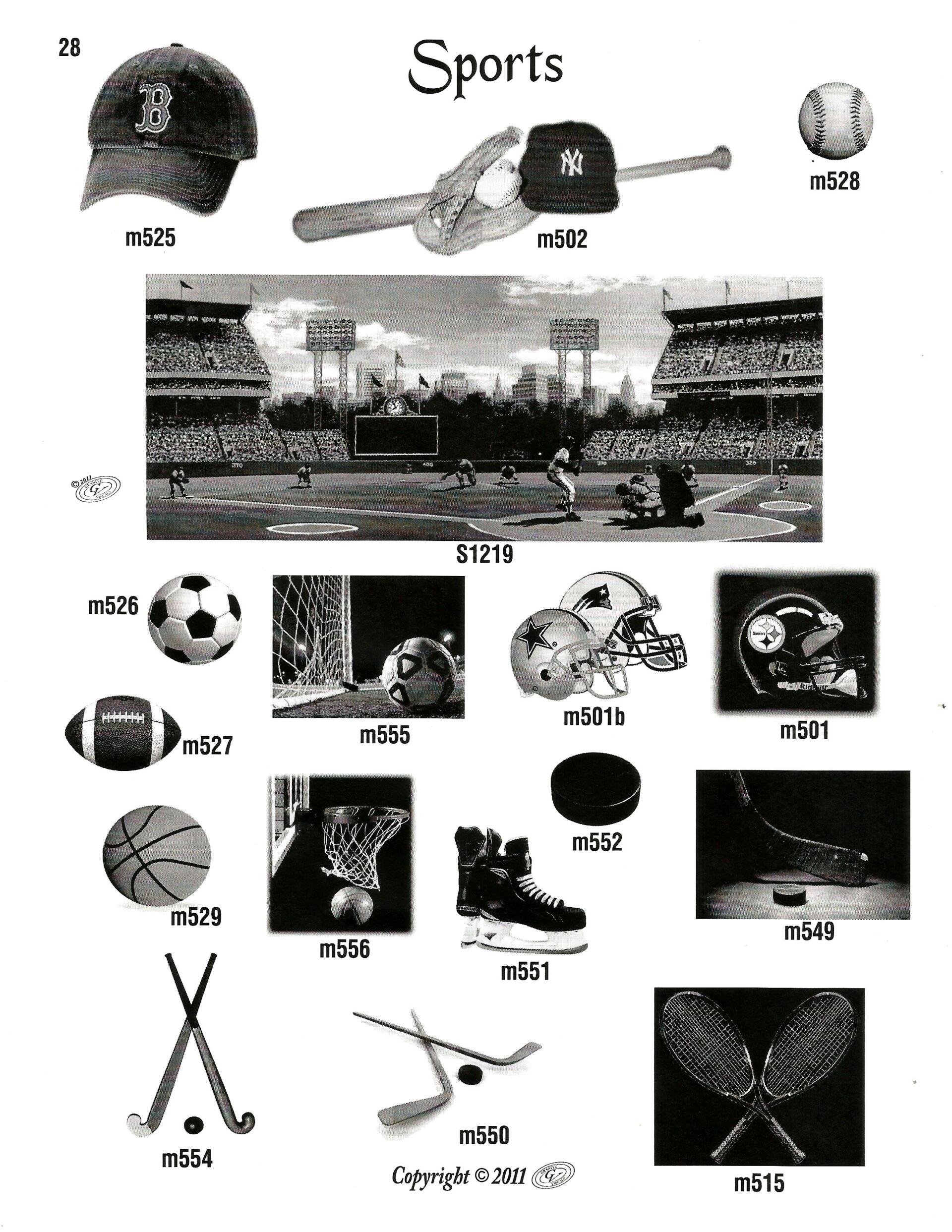 a black and white photo of various sports equipment .