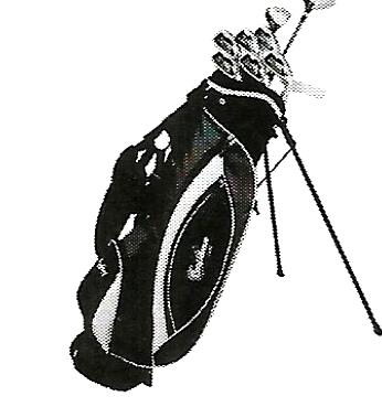 a black and white drawing of a golf bag and clubs