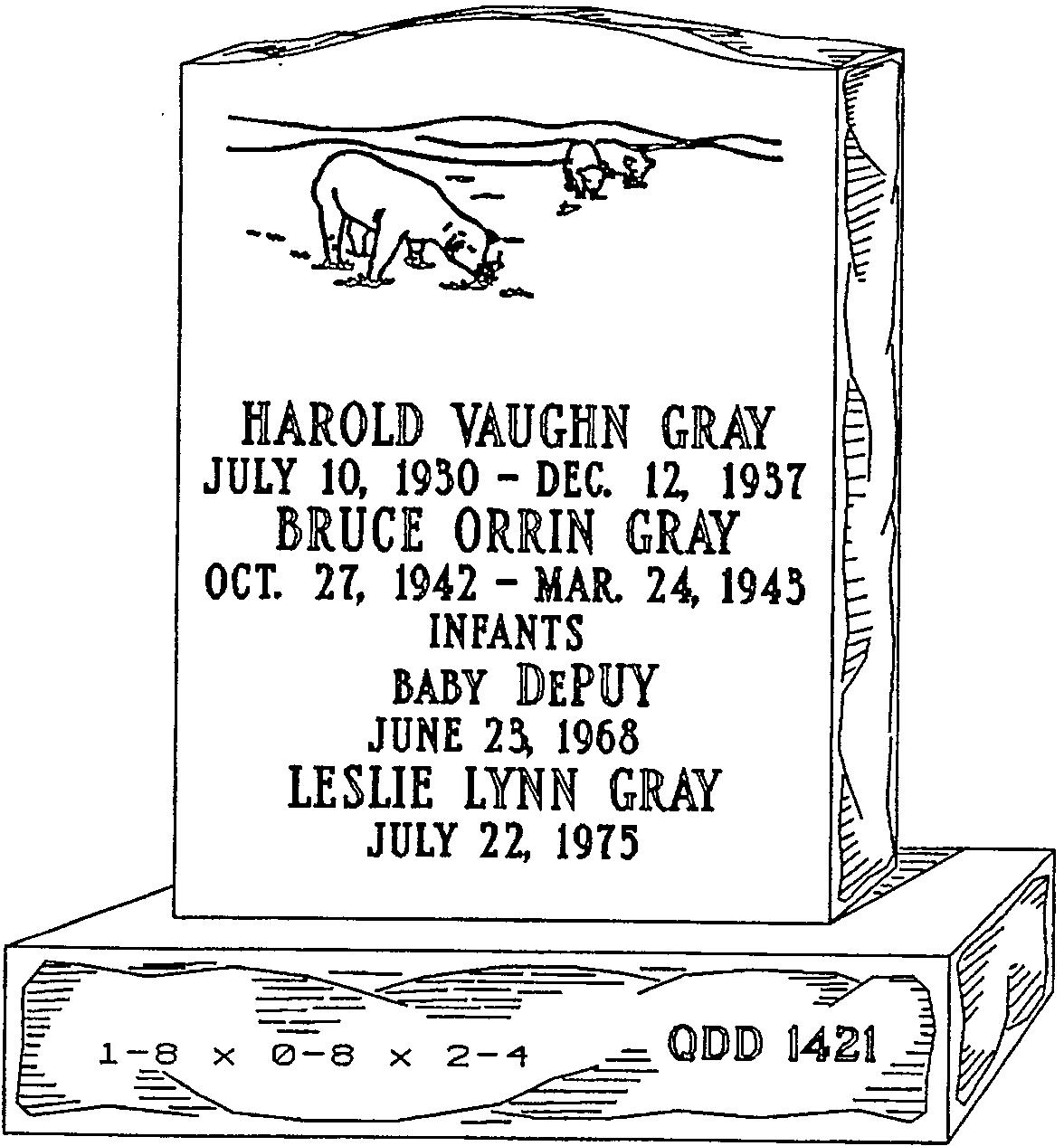 a black and white drawing of a gravestone for harold vaughn gray