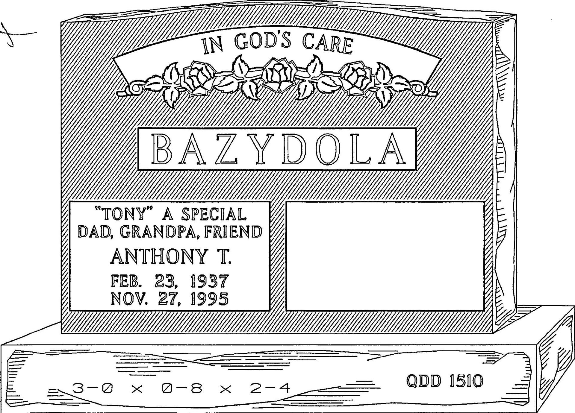 a black and white drawing of a gravestone for bazydola