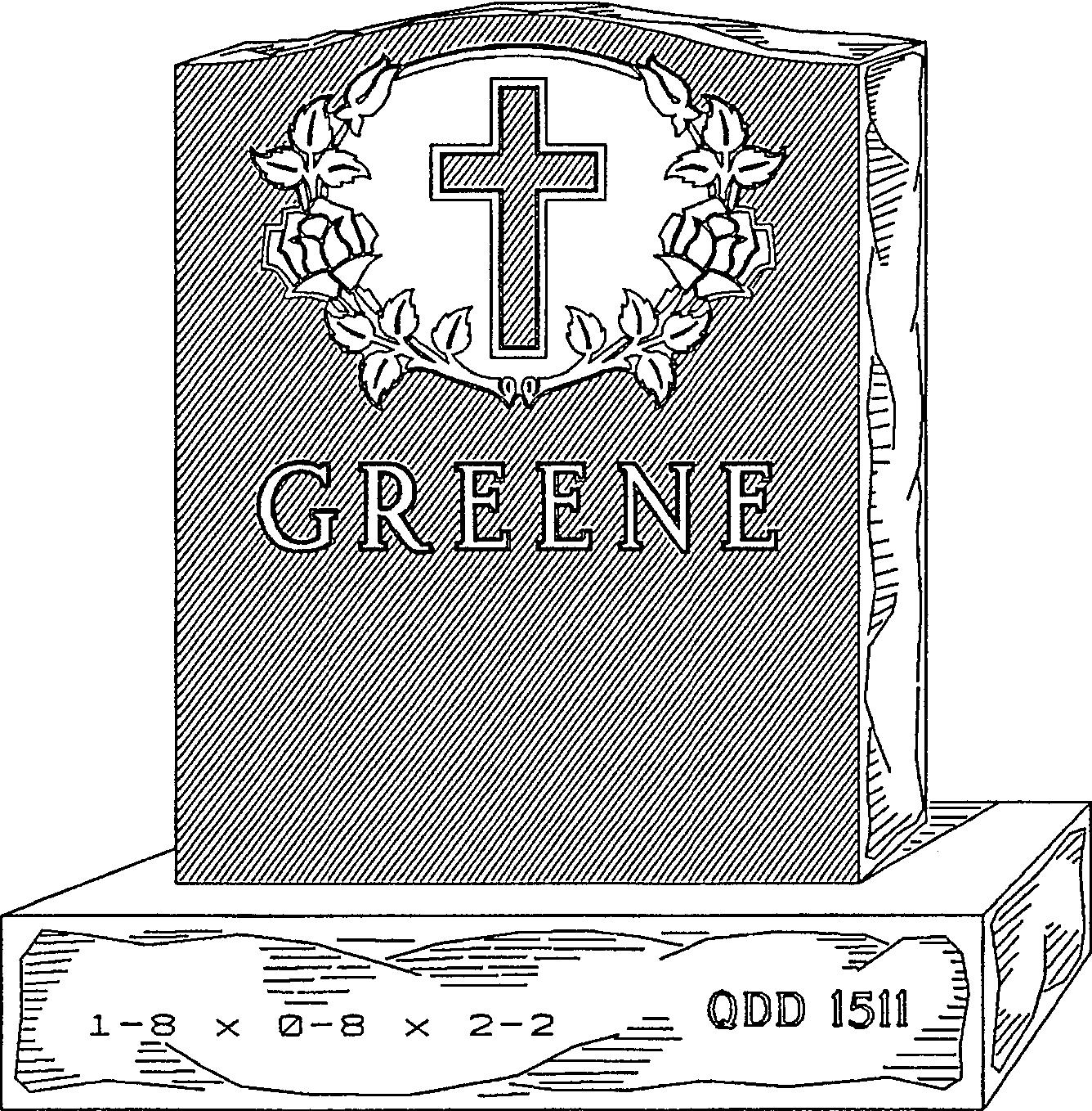 a black and white drawing of a gravestone with the name greene and a cross on it .