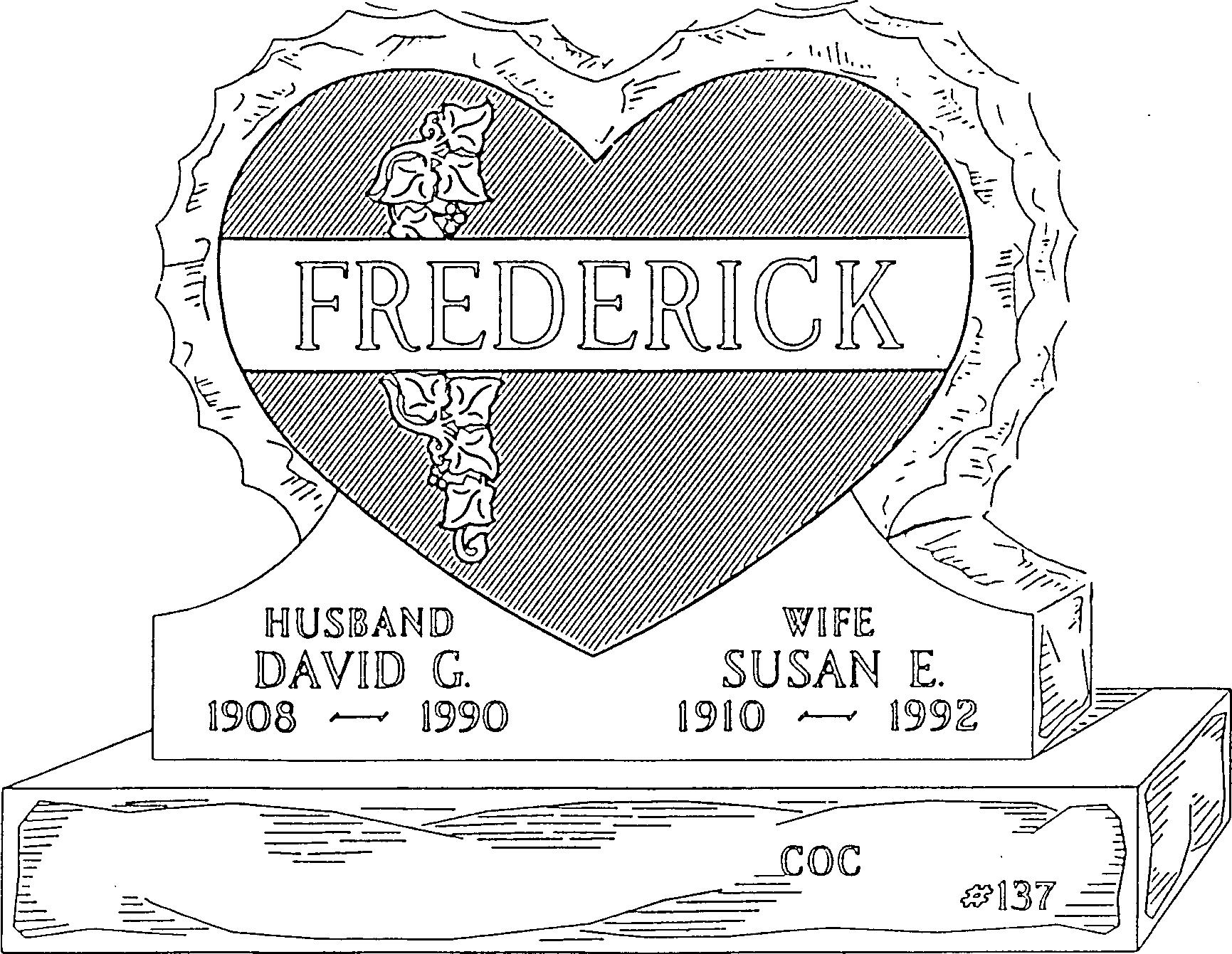 a black and white drawing of a heart shaped gravestone for frederick