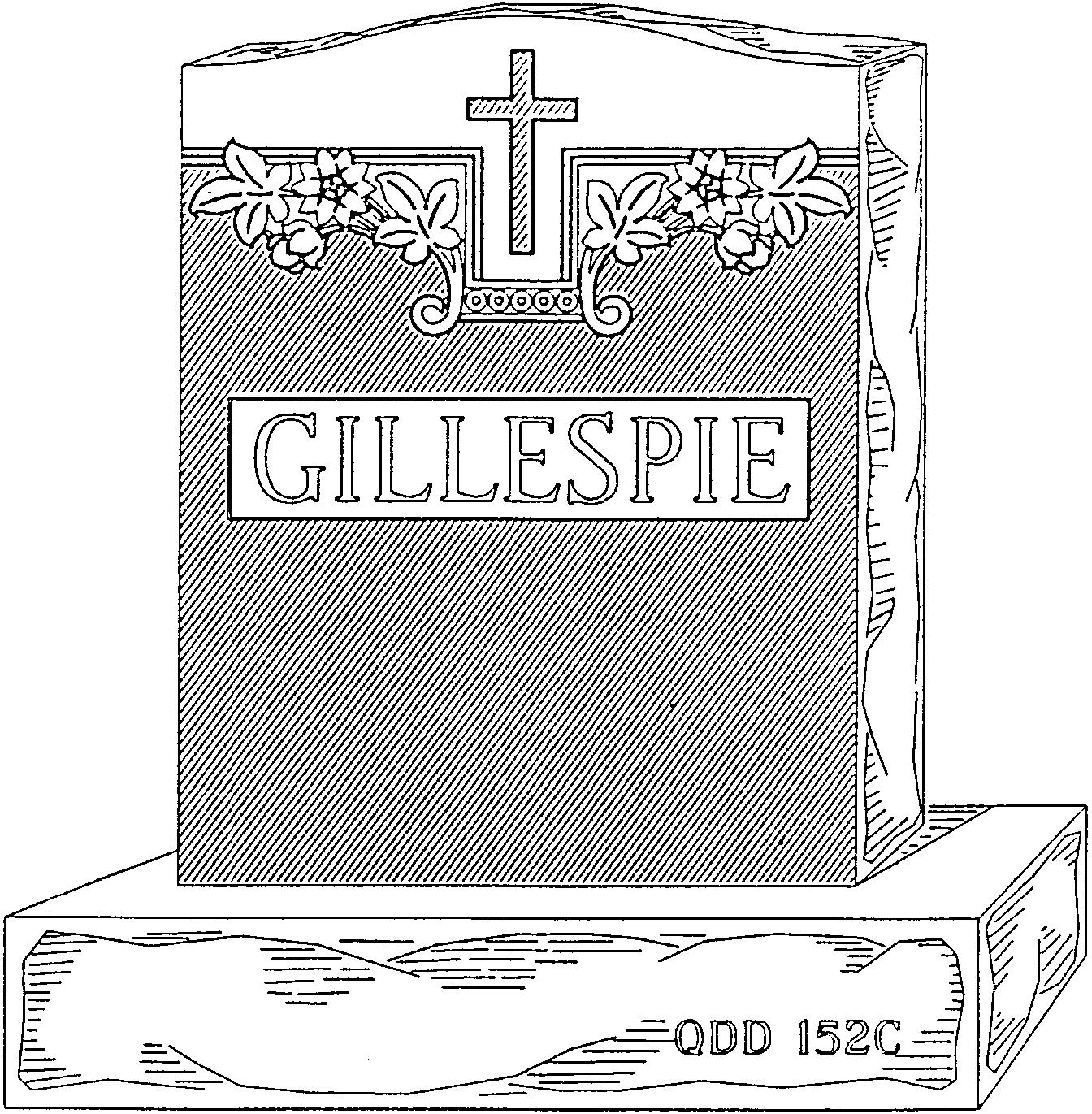 a black and white drawing of a gravestone with a cross and flowers on it .