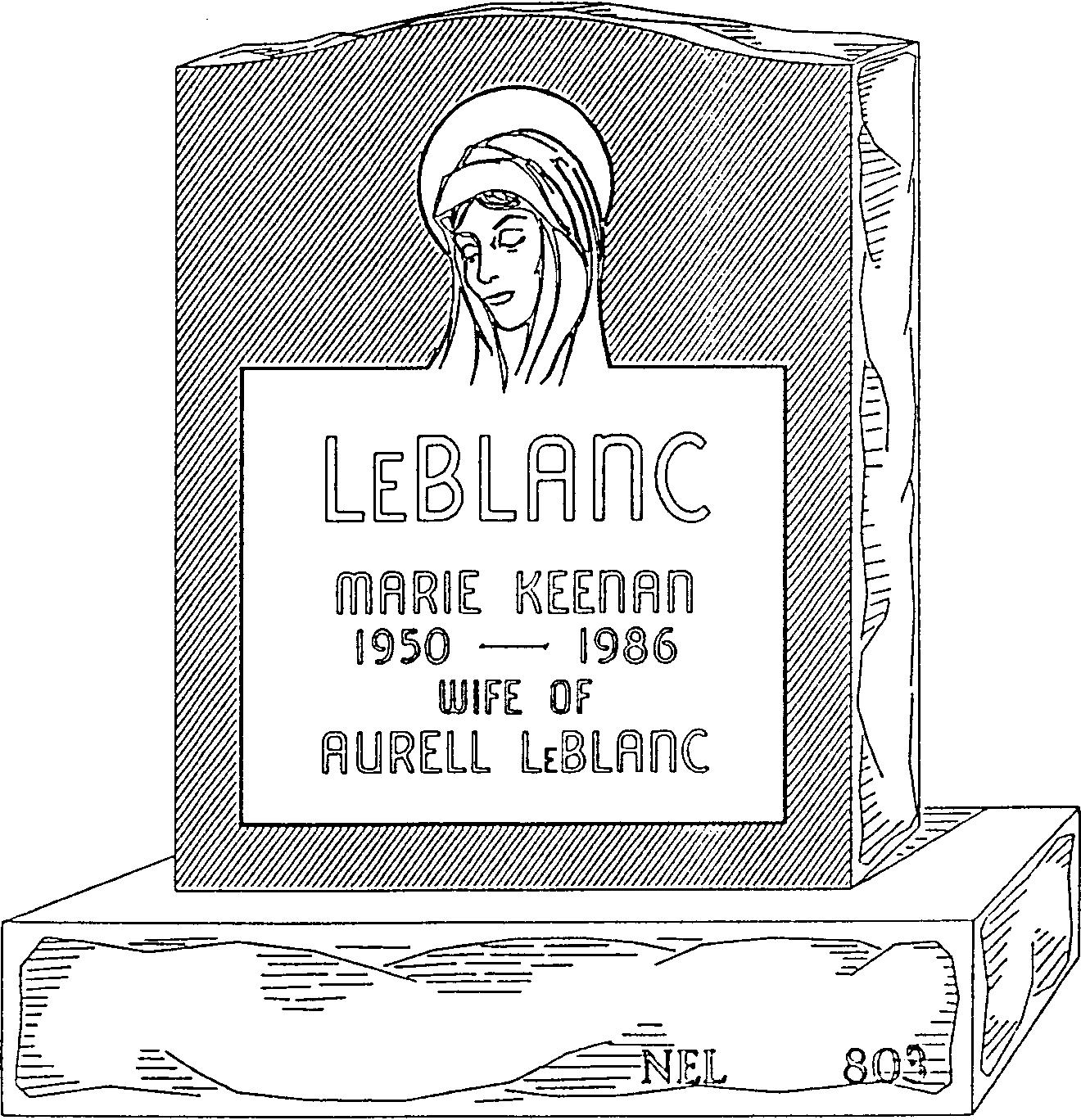 a black and white drawing of a gravestone for marie keenan , wife of aurell leblanc .