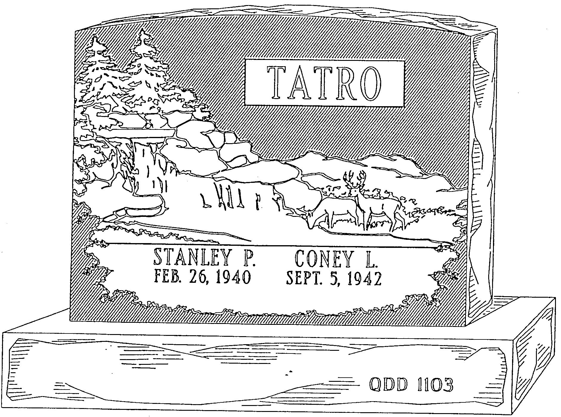 a black and white drawing of a gravestone for a man named tatro
