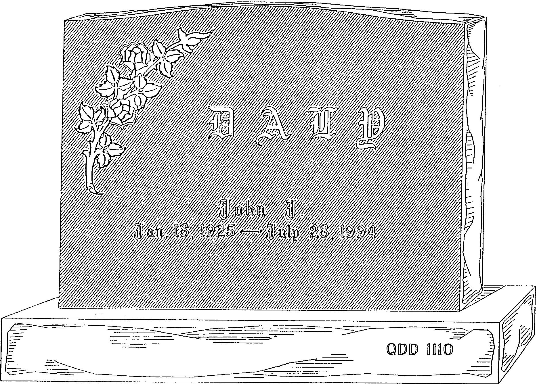 a black and white drawing of a gravestone with flowers on it .