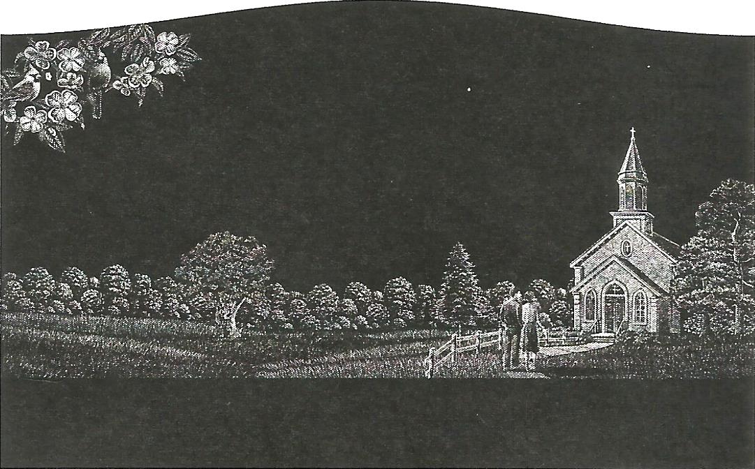 a black and white drawing of a church with trees in the background