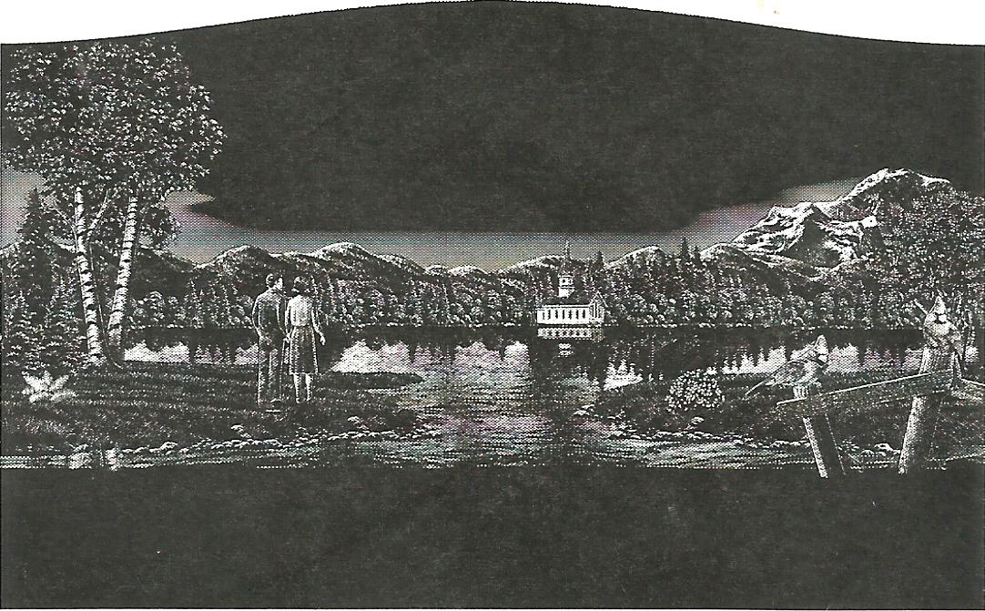 a black and white drawing of a lake with trees in the foreground