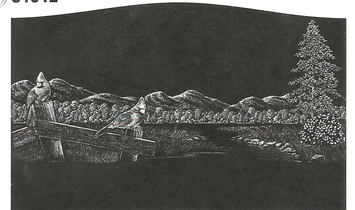 a black and white drawing of a lake and trees