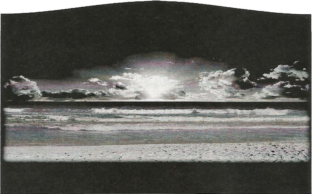 a black and white drawing of a sunset over a body of water