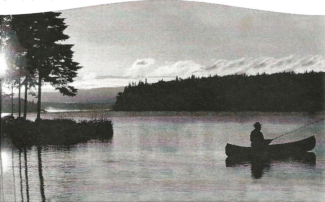 a man in a canoe is fishing in a lake