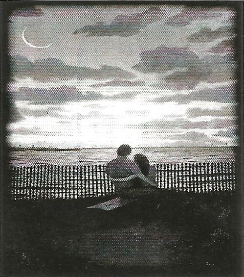 a black and white painting of a couple looking at the ocean