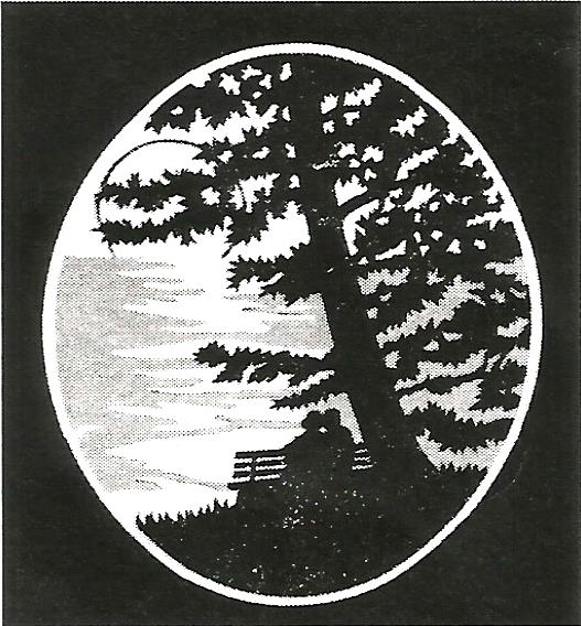 a black and white drawing of a tree and a lake