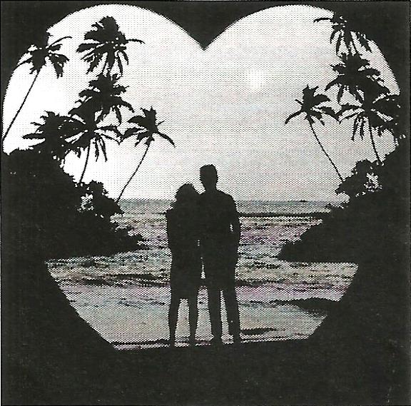 a silhouette of a couple standing on a beach with palm trees in the background