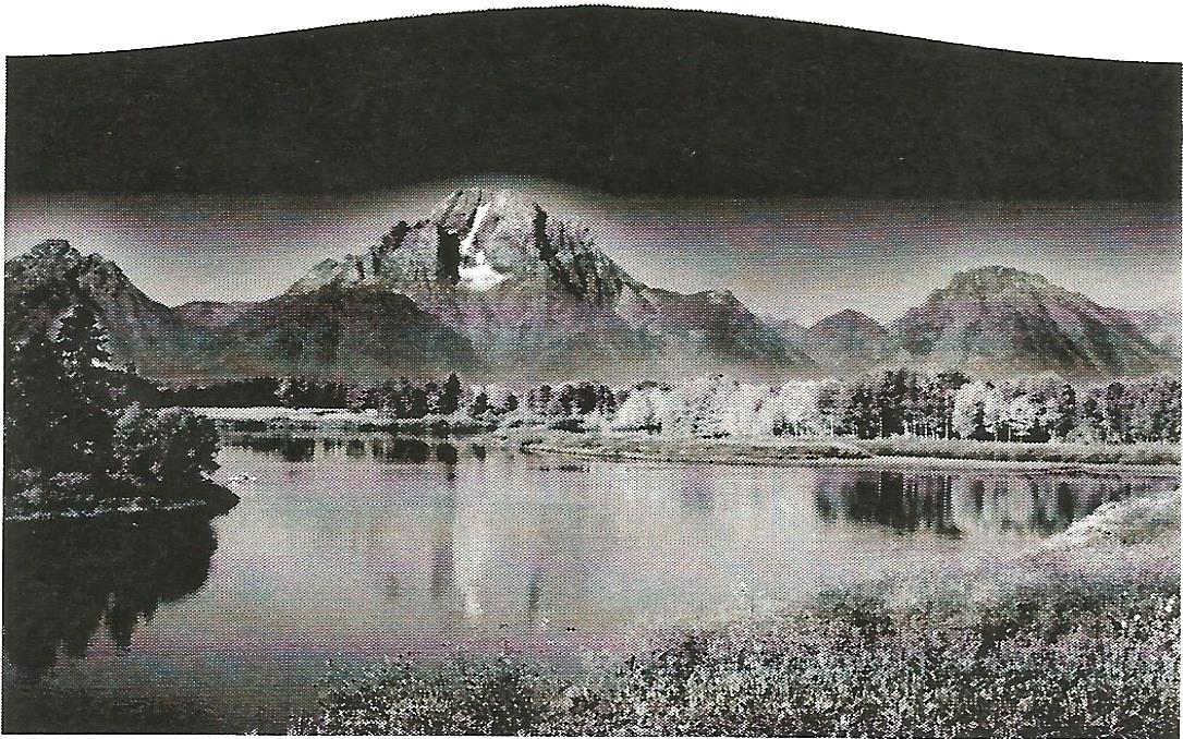 a black and white painting of a lake with mountains in the background