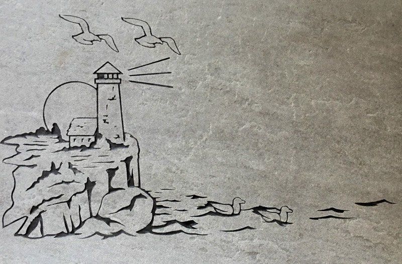 a black and white drawing of a lighthouse on a rocky island