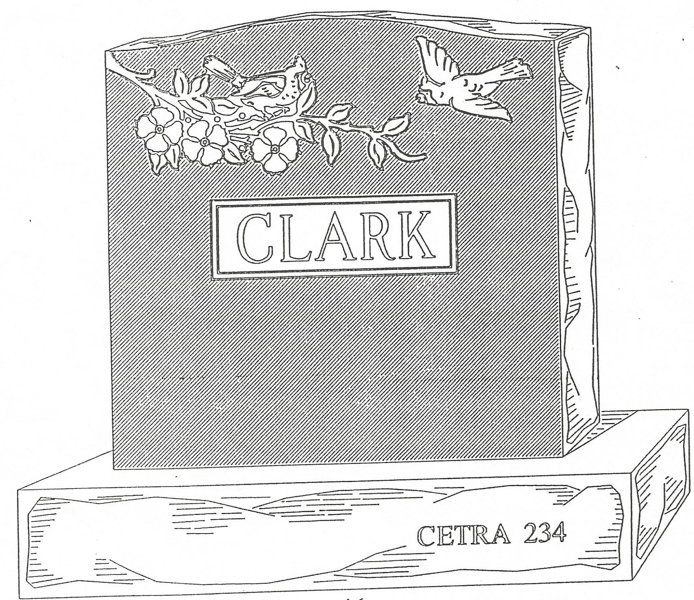 a black and white drawing of a gravestone with the name clark on it .