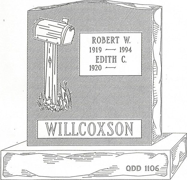 a black and white drawing of a gravestone with a mailbox on it .