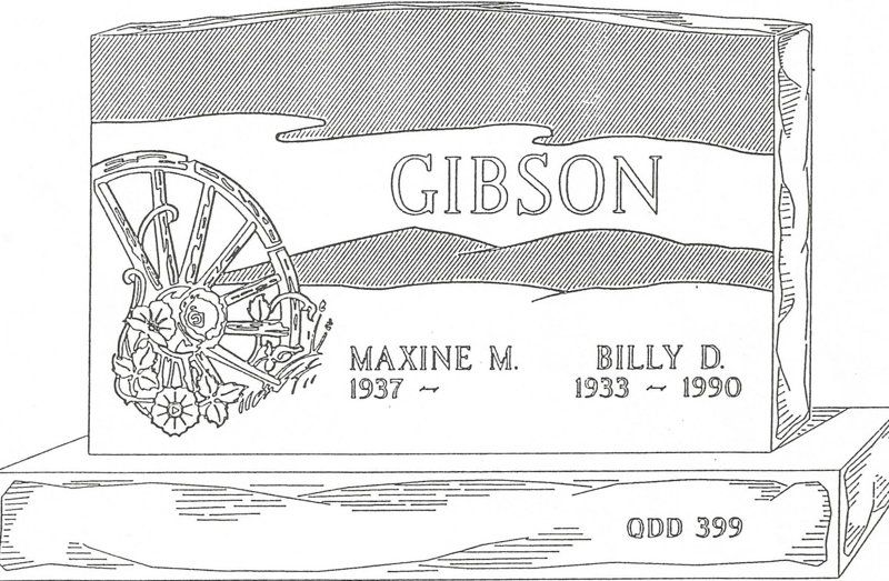 a black and white drawing of a gravestone for gibson