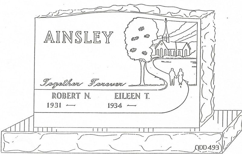 a black and white drawing of a gravestone with the name ainsley on it