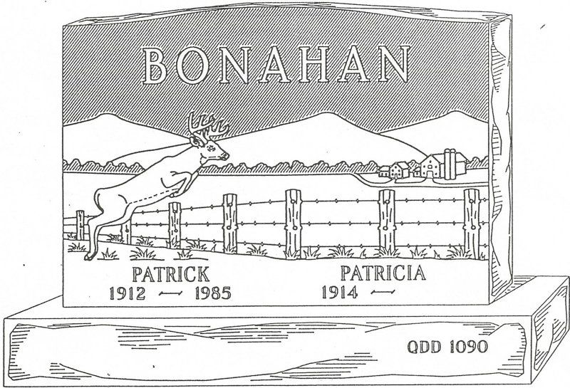 a black and white drawing of a gravestone for bonahan