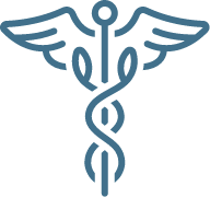 Caduceus symbol: blue staff with two snakes entwined, topped with wings.