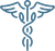 Caduceus symbol: blue staff with two snakes entwined, topped with wings.