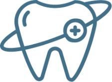 Tooth with orbiting ring and plus sign, representing dental health.