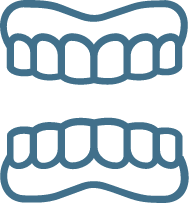 Blue line drawing of upper and lower dentures.