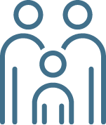 Family icon: two adults with one child, all in teal.