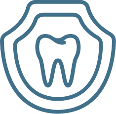 Tooth icon inside a shield, teal outline.