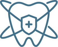 Blue dental icon with shield, plus sign, and orbiting lines, representing oral health protection.