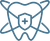 Blue dental icon with shield, plus sign, and orbiting lines, representing oral health protection.
