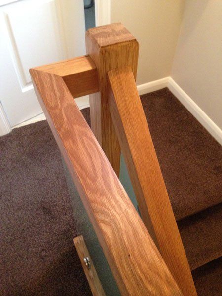 Oak balustrade finished in clear varnish with sand blast effect glass example 2
