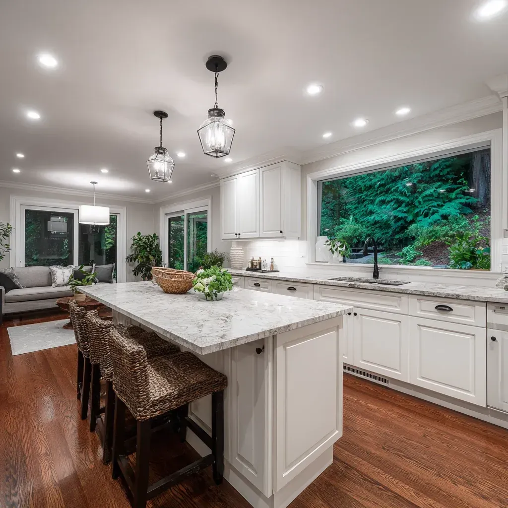 Professional kitchen renovation Vancouver featuring granite countertops, engineered hardwood flooring, custom cabinetry, and optimized work triangle layout.
Vancouver BC kitchen remodeling services including marble backsplash installation, quartz countertop replacement, and custom storage cabinetry solutions.
Affordable kitchen remodeling Vancouver BC with laminate countertop upgrade, cabinet refacing, backsplash tile replacement, and vinyl flooring installation.
Premium Vancouver kitchen renovation showcasing granite island extension, hardwood flooring upgrade, matte black hardware, and structural reinforcement.
Contemporary kitchen remodel Vancouver BC with marble countertops, waterfall island detailing, and high-end remodeling craftsmanship.
Vancouver kitchen remodeling experts installing custom cabinetry, quartz slab countertop upgrade, and energy-efficient appliance integration.