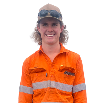 A man wearing an orange shirt and a hat is smiling