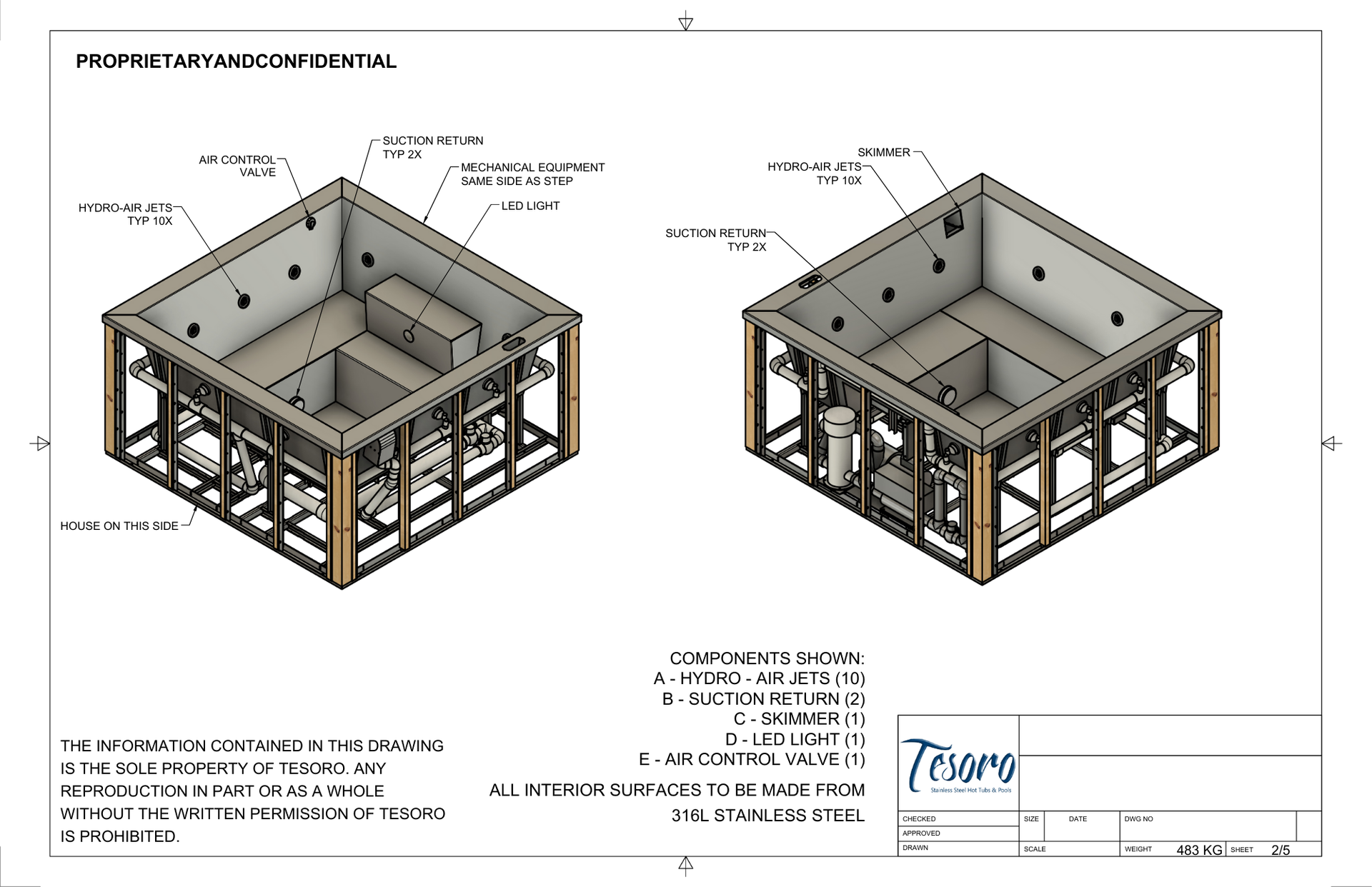 Isometric view of a cubical structure with wooden framing, labeled components, and a logo.