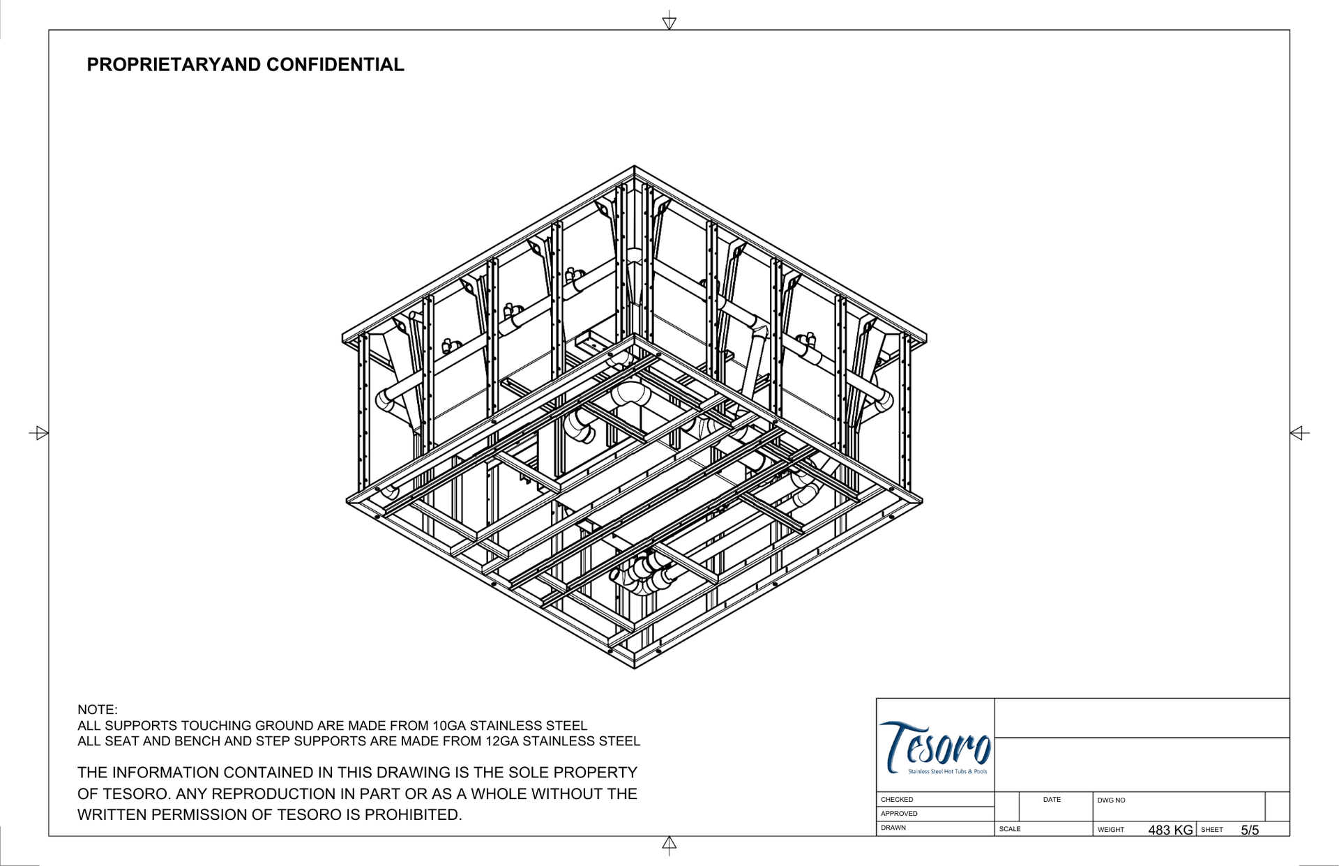 Isometric technical drawing of a box-shaped metal frame structure, labeled 