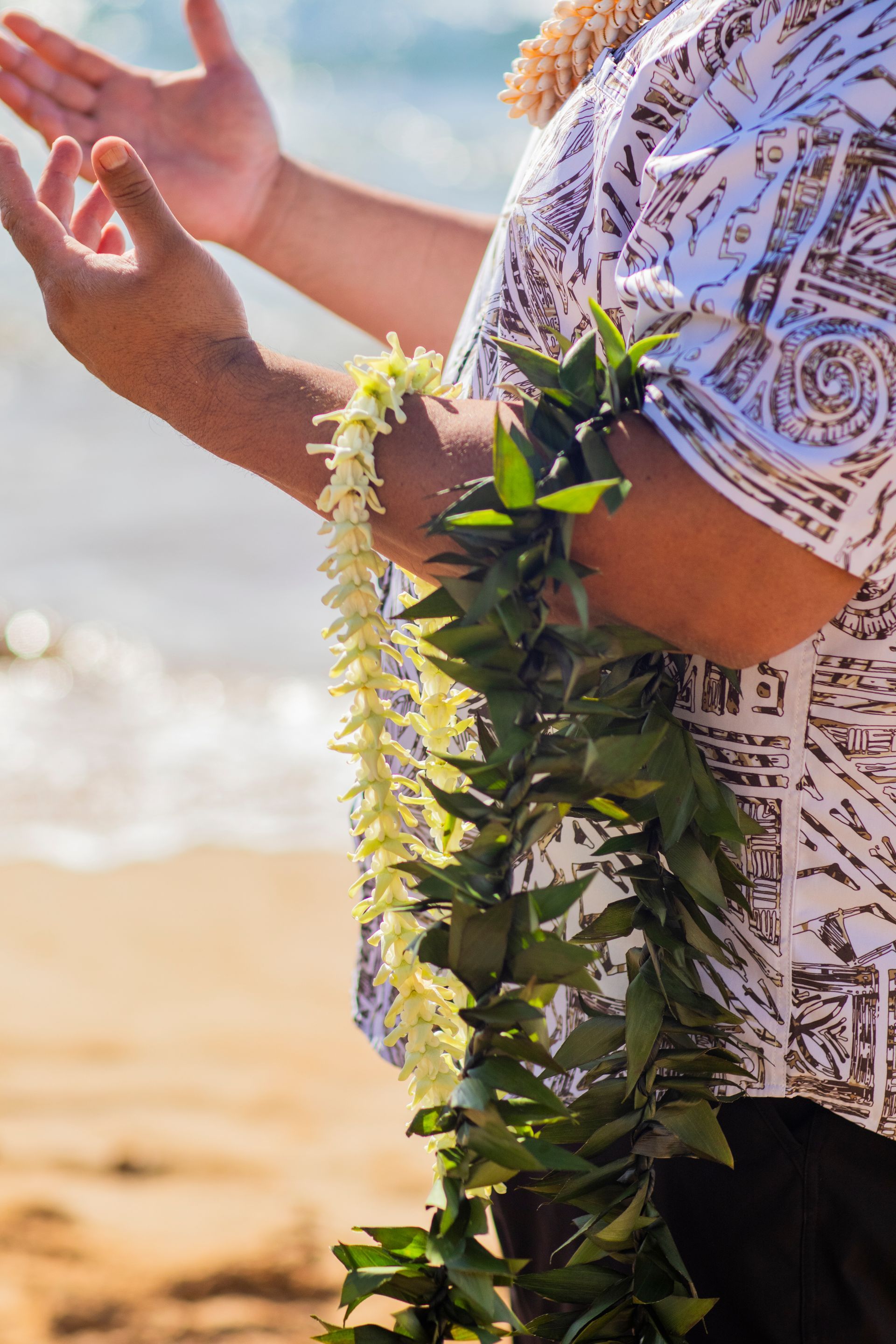 Man wearing lei with arms raised on a beach.