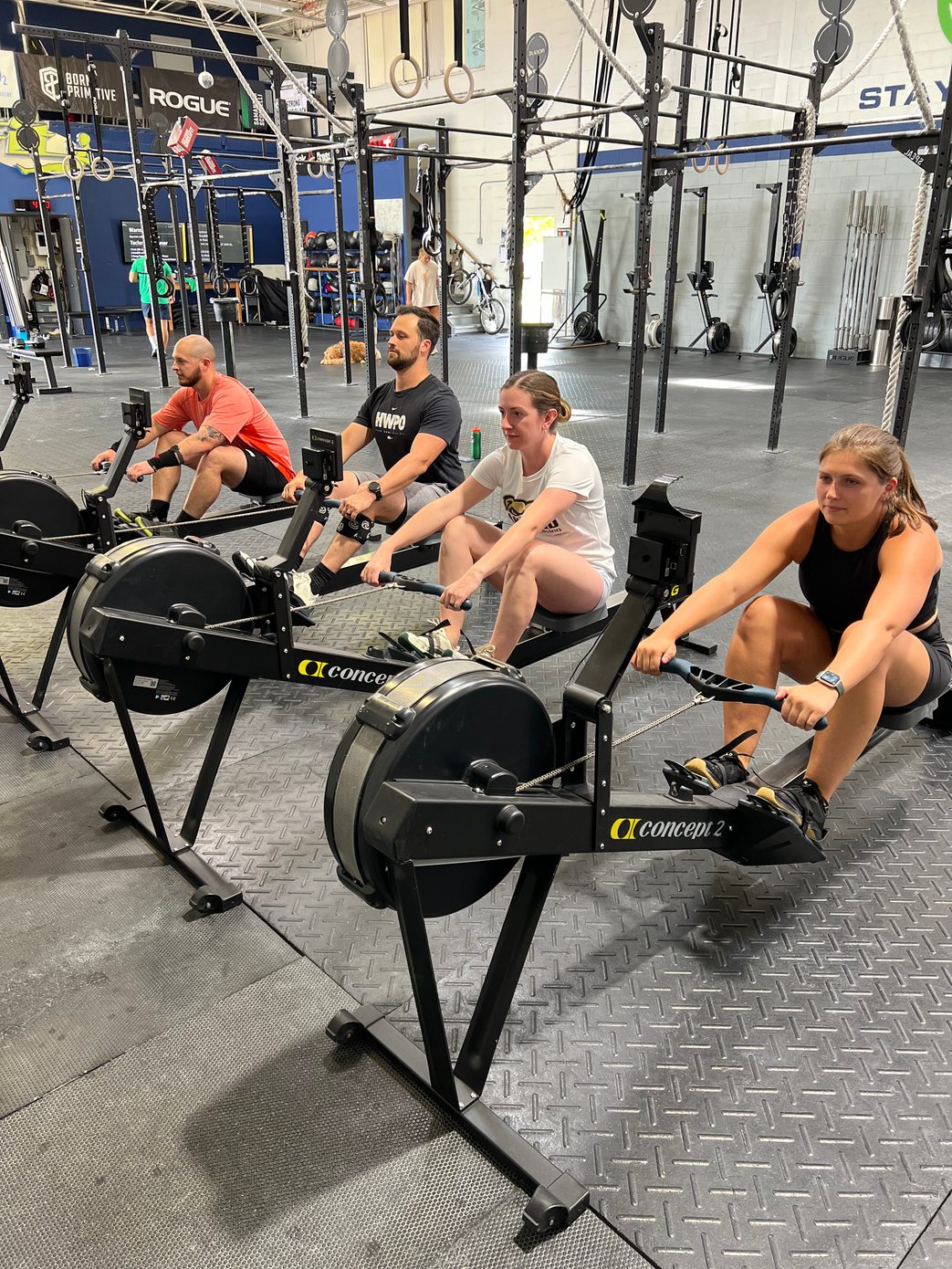 A group of people are lifting barbells in a gym.