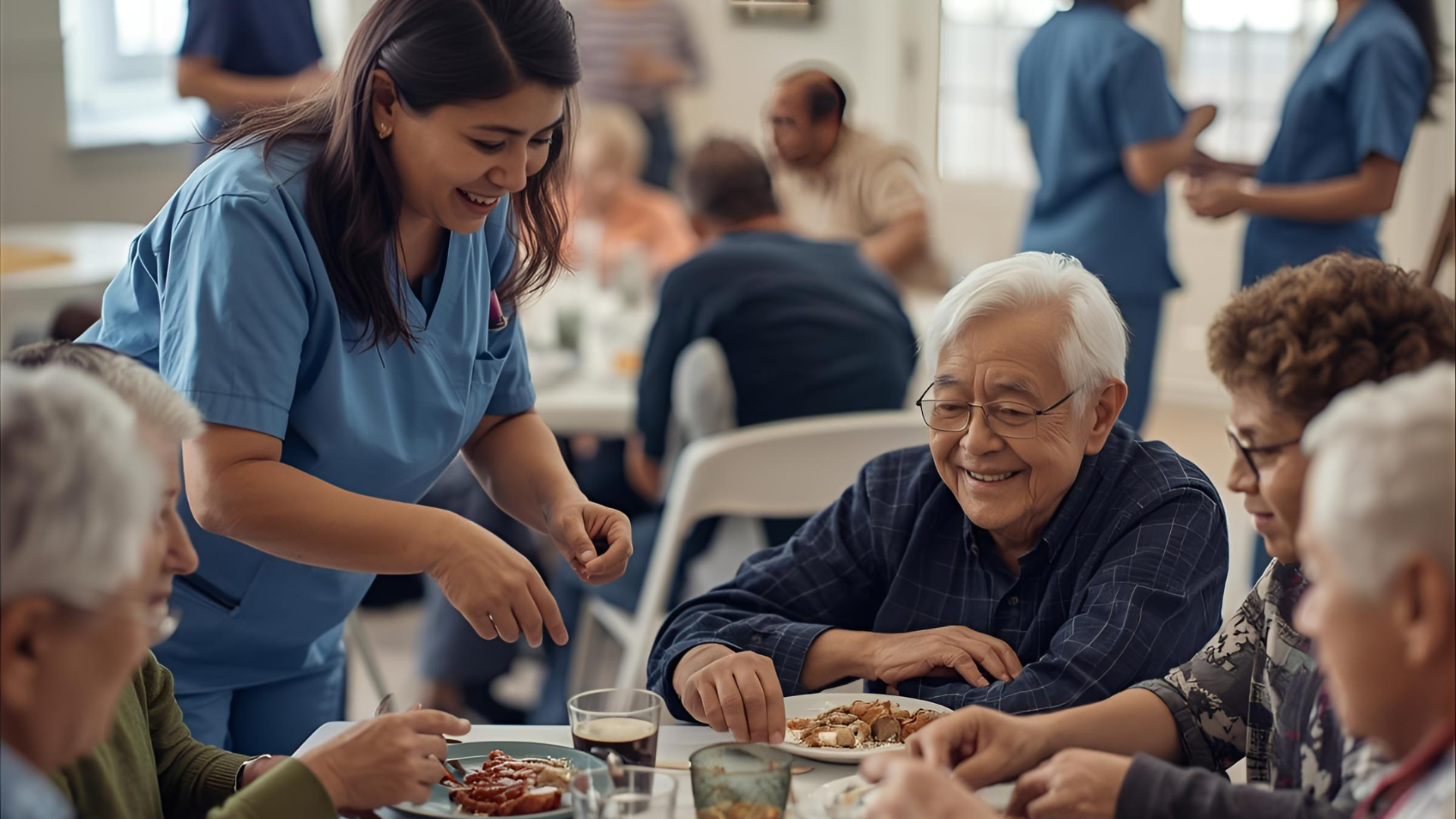 Smiling older woman with glasses, gray curly hair, and patterned top outside.