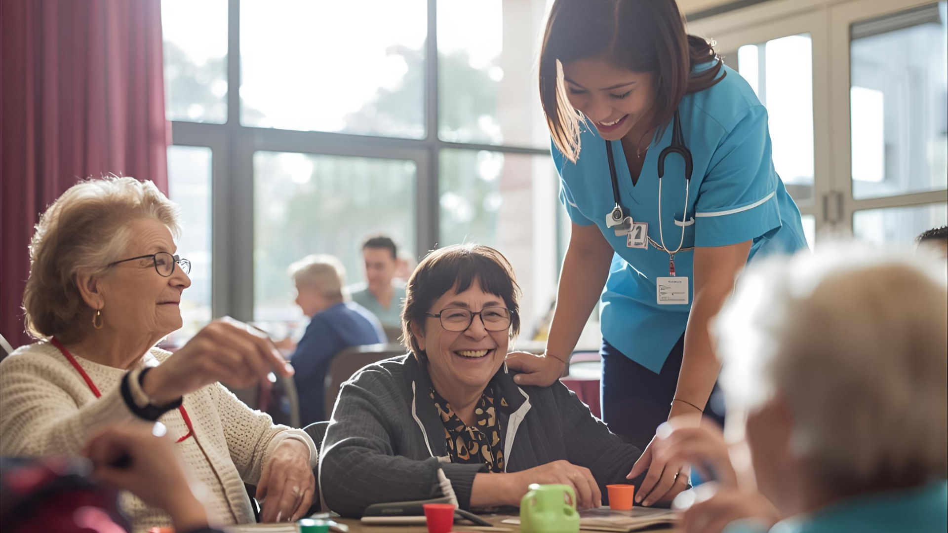Elderly woman using a cane, being helped to stand by a person indoors.