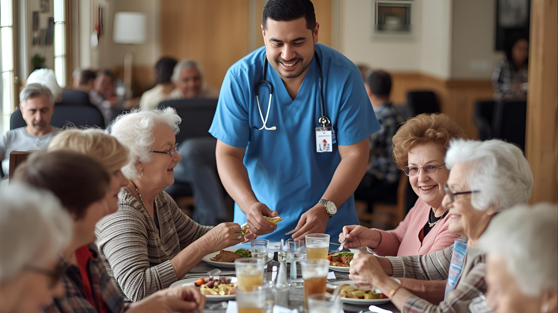 Smiling senior woman in glasses, seated at a table, speaking to a person with their back to the camera.