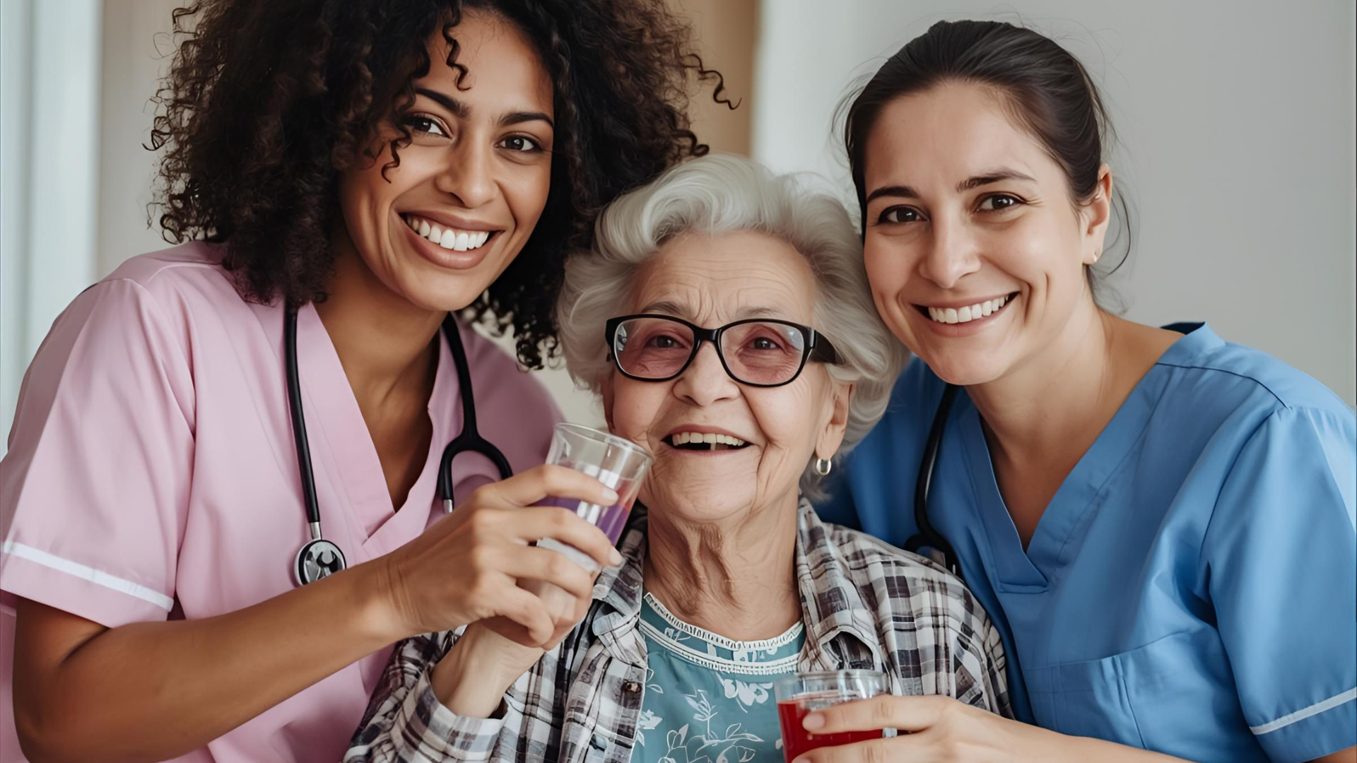 Older woman in wheelchair smiles as a healthcare worker places a hand on her shoulder, looking up.