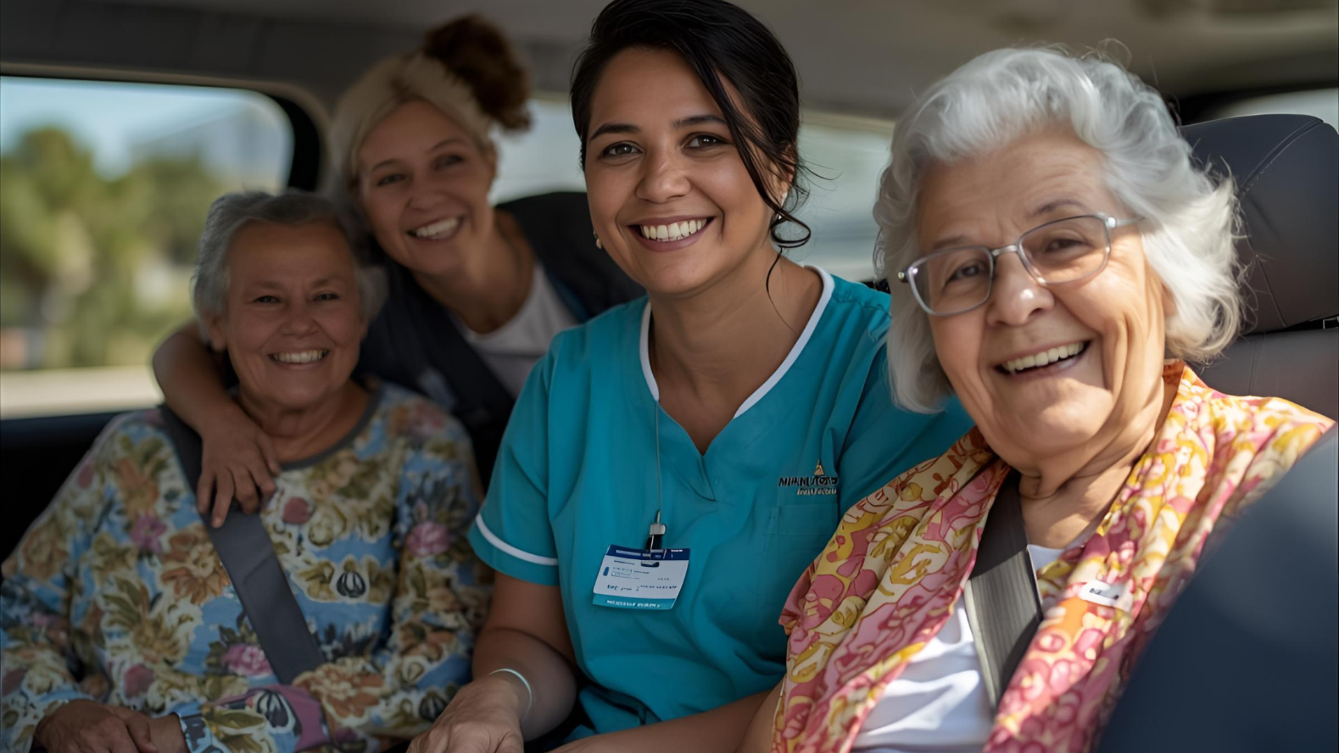 Care home: Elderly people at a table with a nurse, one woman in a wheelchair, a doctor talking to others.