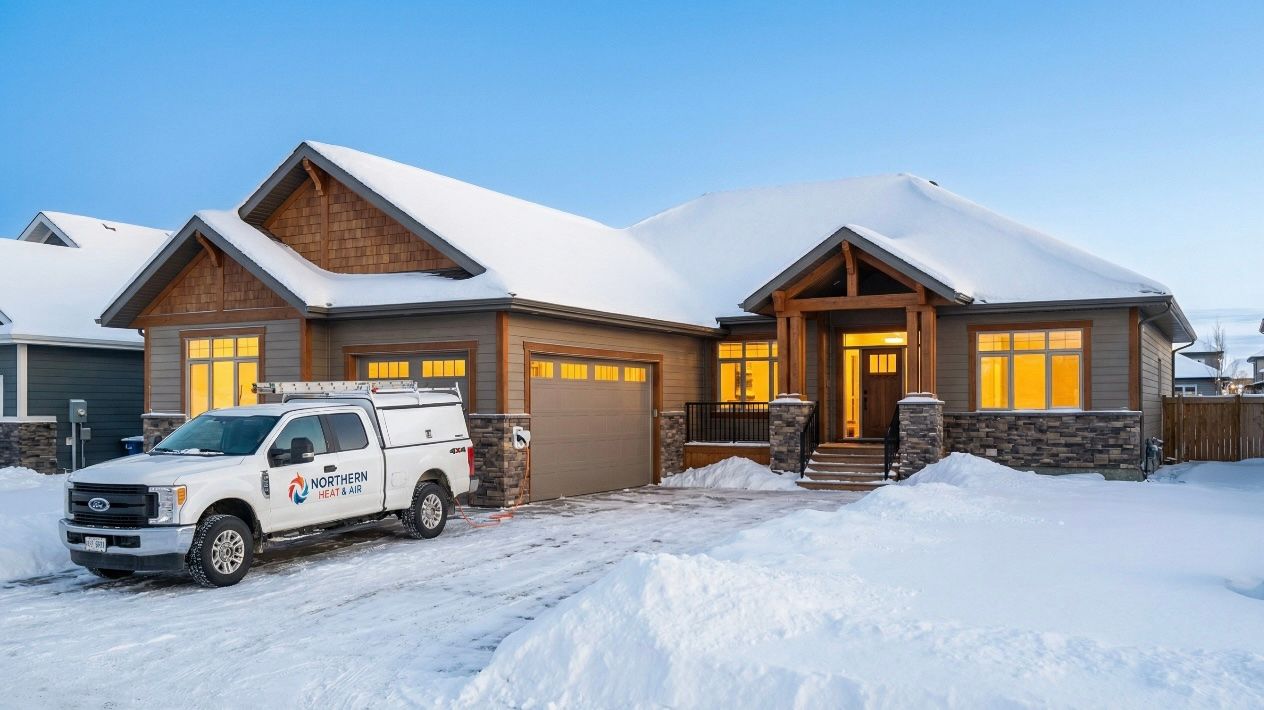 A white service truck parked in front of a snow-covered house. The house is brown with stone accents and lit windows.